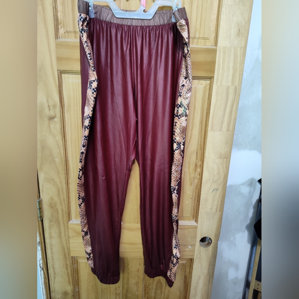 Burgundy snakeskin strip down the side pants (not real leather)